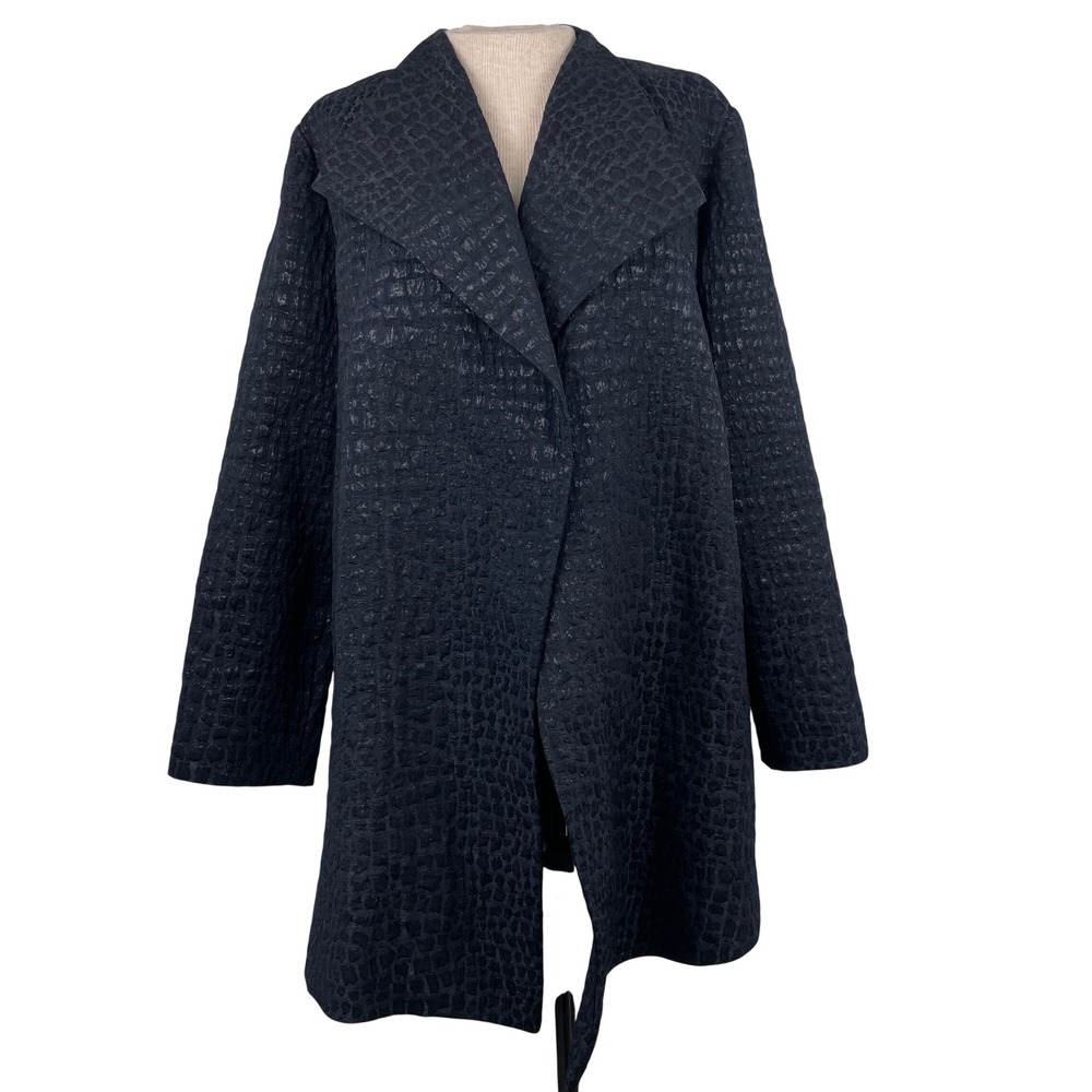 Chicos Black Textured Crocodile Print Collarless Open Front Duster Jacket Size 2